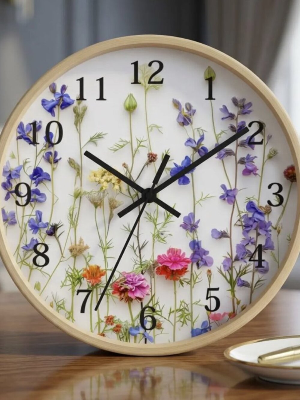 Floral Wall Clock with Natural Frame